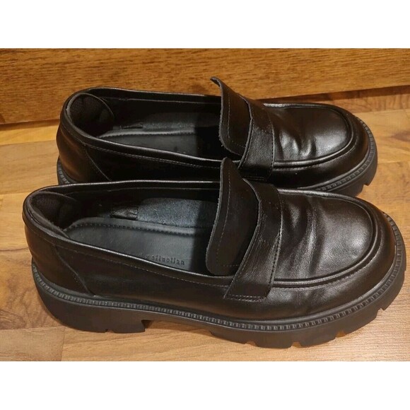 Black Faux Patent Penny Loafers Sz 7 Chunky Heel Platform Y2K Retro * Read - Picture 1 of 8